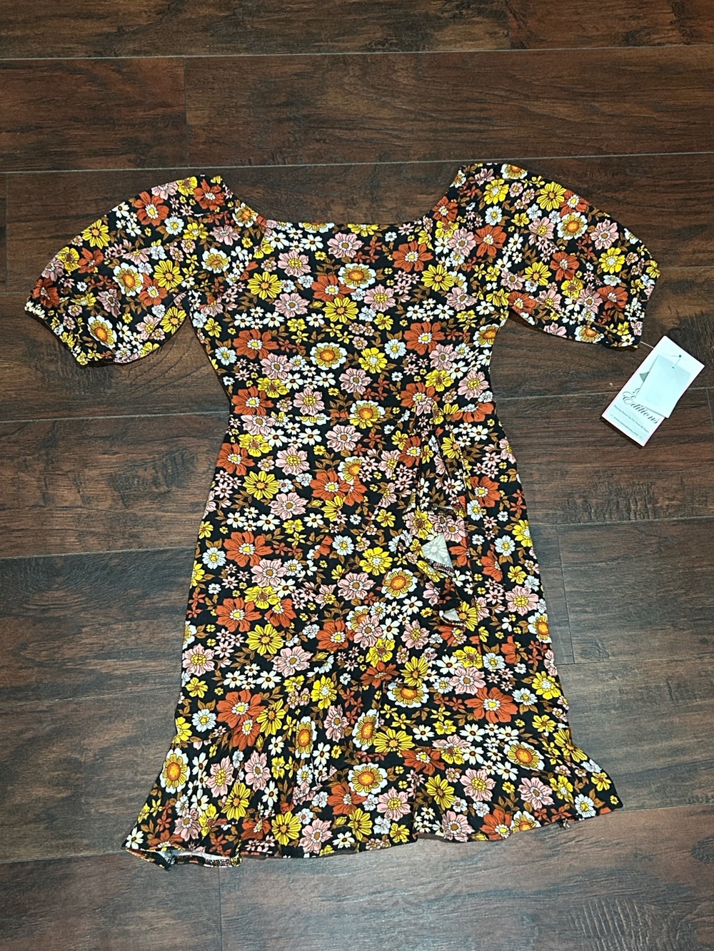 NWT Rare Editions Black Floral Puff-Sleeve Dress with Orange & Yellow Flowers